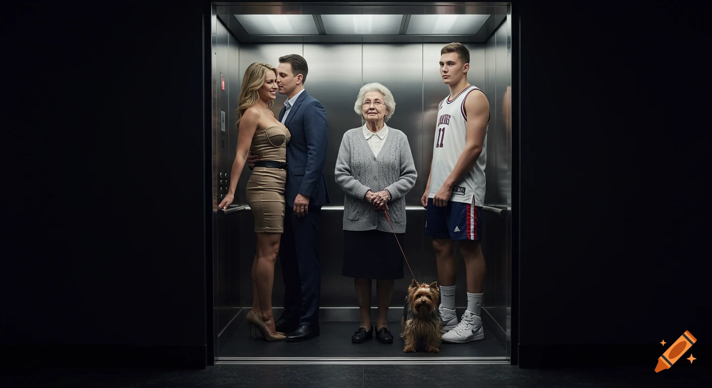 A diverse group of people, including an elderly woman with a dog, a young basketball player, and an elegant couple, ride in a modern elevator.