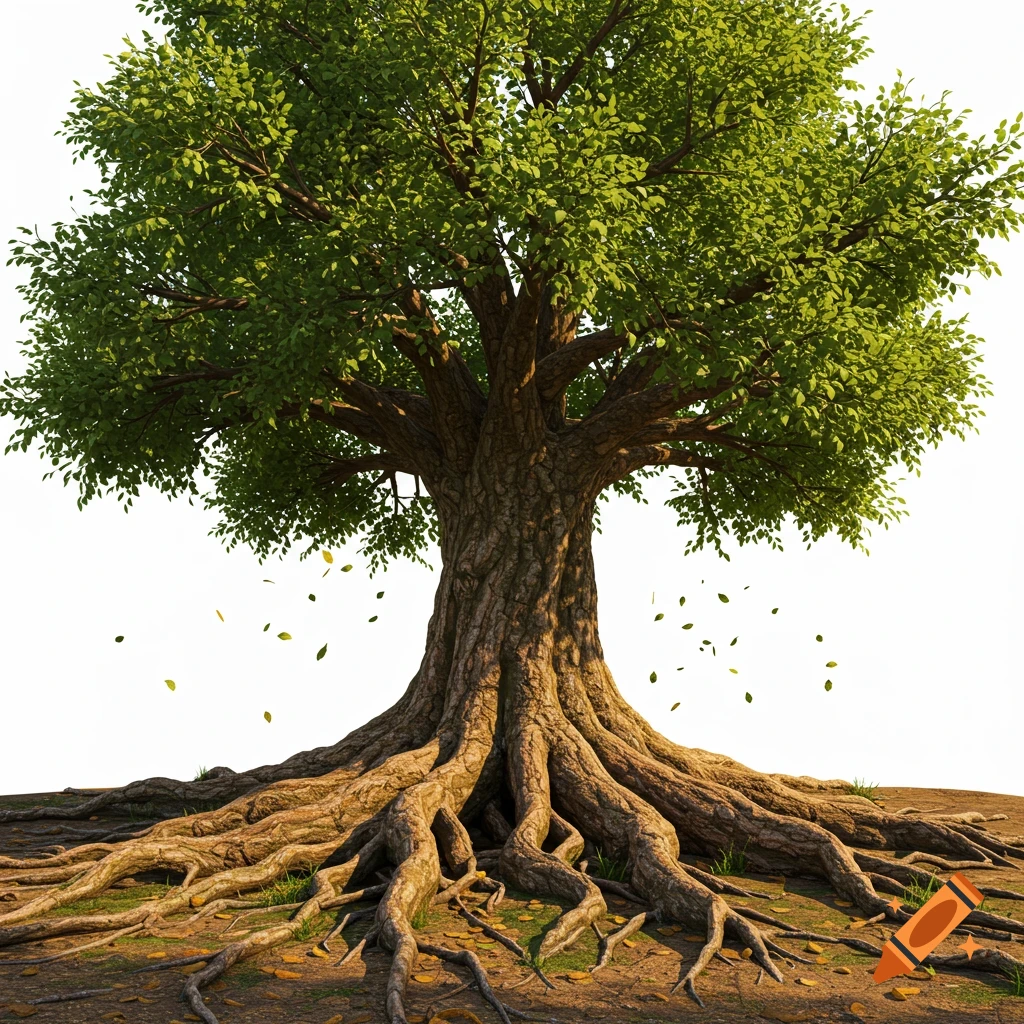 A majestic, old tree with a thick, textured trunk and massive exposed roots spreading across dry ground, with vibrant green leaves and a few falling leaves, set against a bright white background.