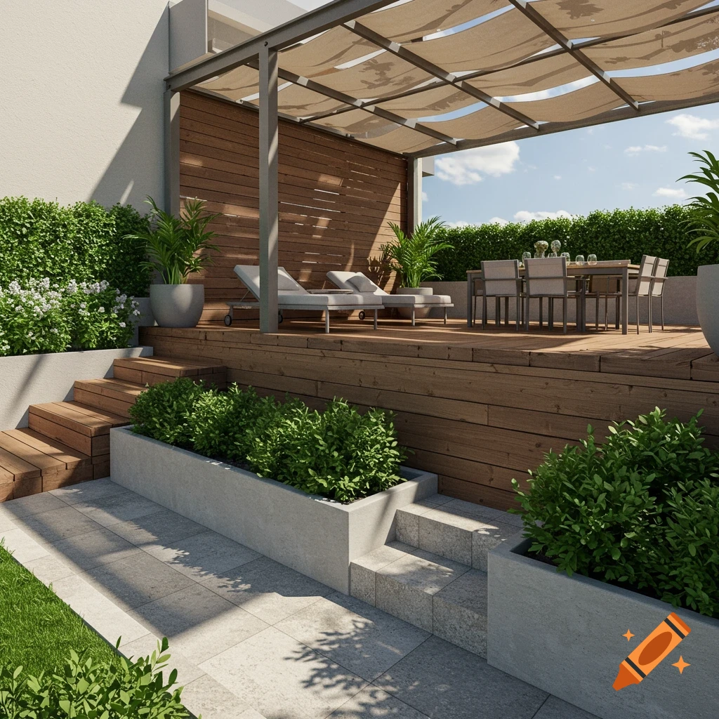 A modern multi-level outdoor terrace with wooden decking, chaise lounges, a dining set under a shade canopy, concrete planters with greenery, and stone steps.