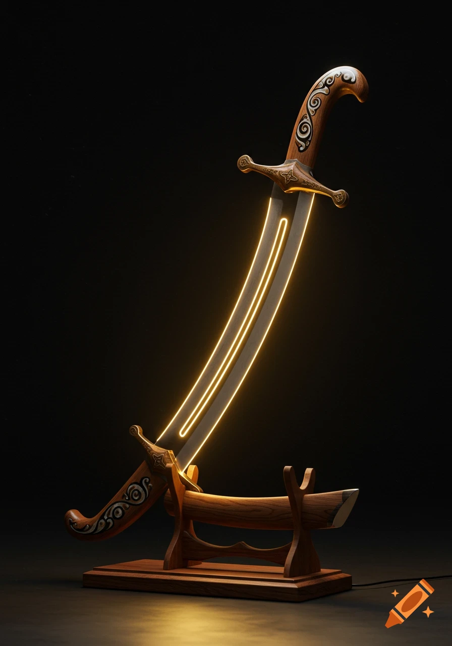 A realistic decorative Zulfiqar sword made of wood and metal, with a glowing golden LED blade, standing on a wooden display stand against a dark background.
