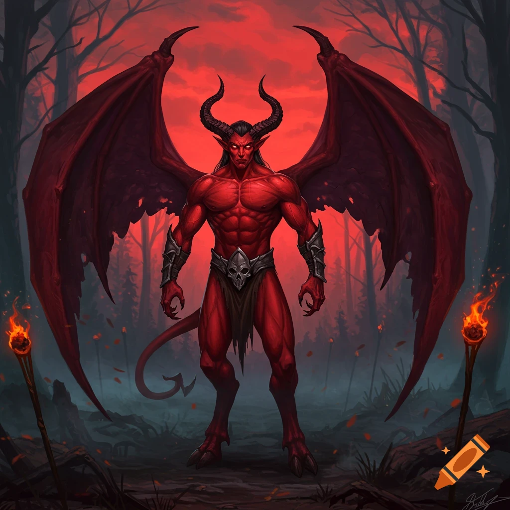 A muscular red demon with black horns, large dark purple wings, and glowing eyes stands in a dark forest under a red sky, with two fiery torches.