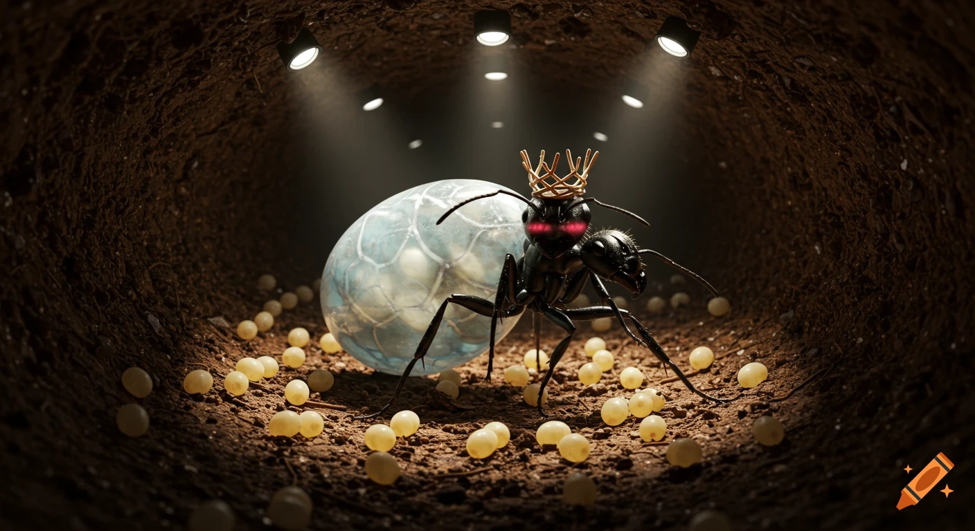 A black ant queen with glowing red eyes and a golden crown sits in an underground nest, guarding a huge, translucent egg sac and many smaller eggs under spotlights.