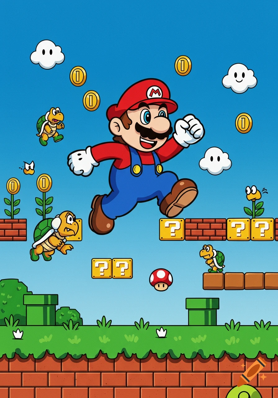 Cartoon Mario jumps over a Koopa Troopa in a vibrant Super Mario Bros. landscape with coins, blocks, and a mushroom.