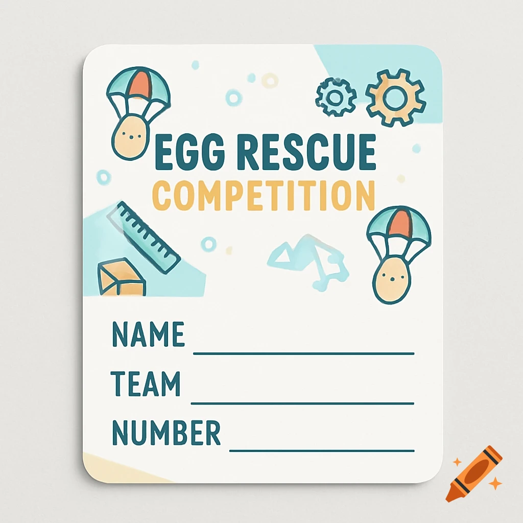 An illustrated ID card design for an 'Egg Rescue Competition' with eggs, parachutes, rulers, and gears, and fields for Name, Team, Number.