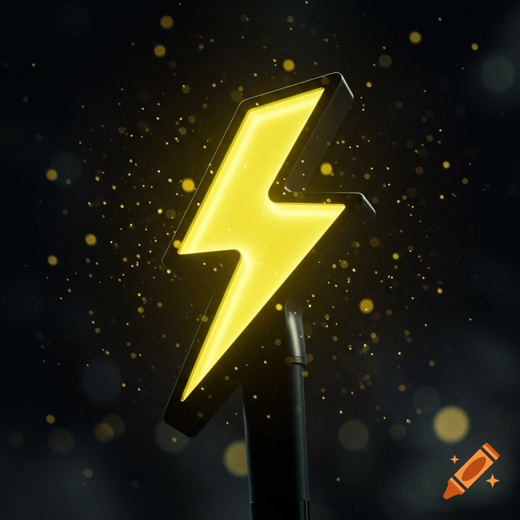A vibrant yellow lightning bolt lightstick on a black pole, glowing amidst golden bokeh against a dark background.