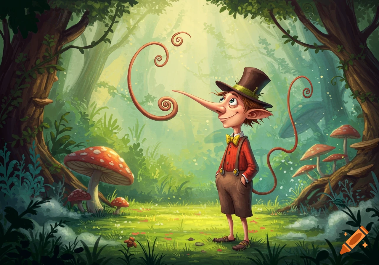 Cartoon illustration of a boy with a very long, curly nose wearing a top hat and suspenders, standing in a magical forest with mushrooms.