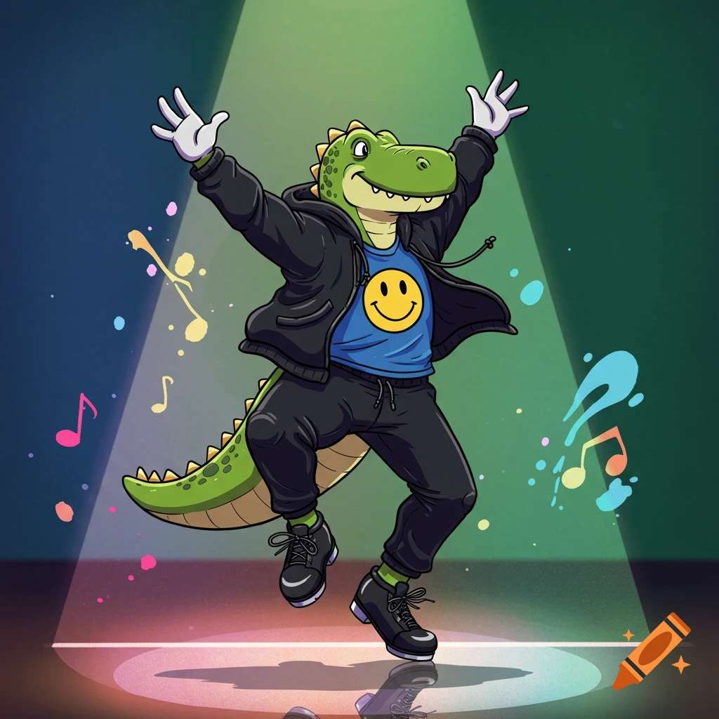 A cartoon green dinosaur wearing a hoodie and smiley face t-shirt tap dances under a spotlight with musical notes.