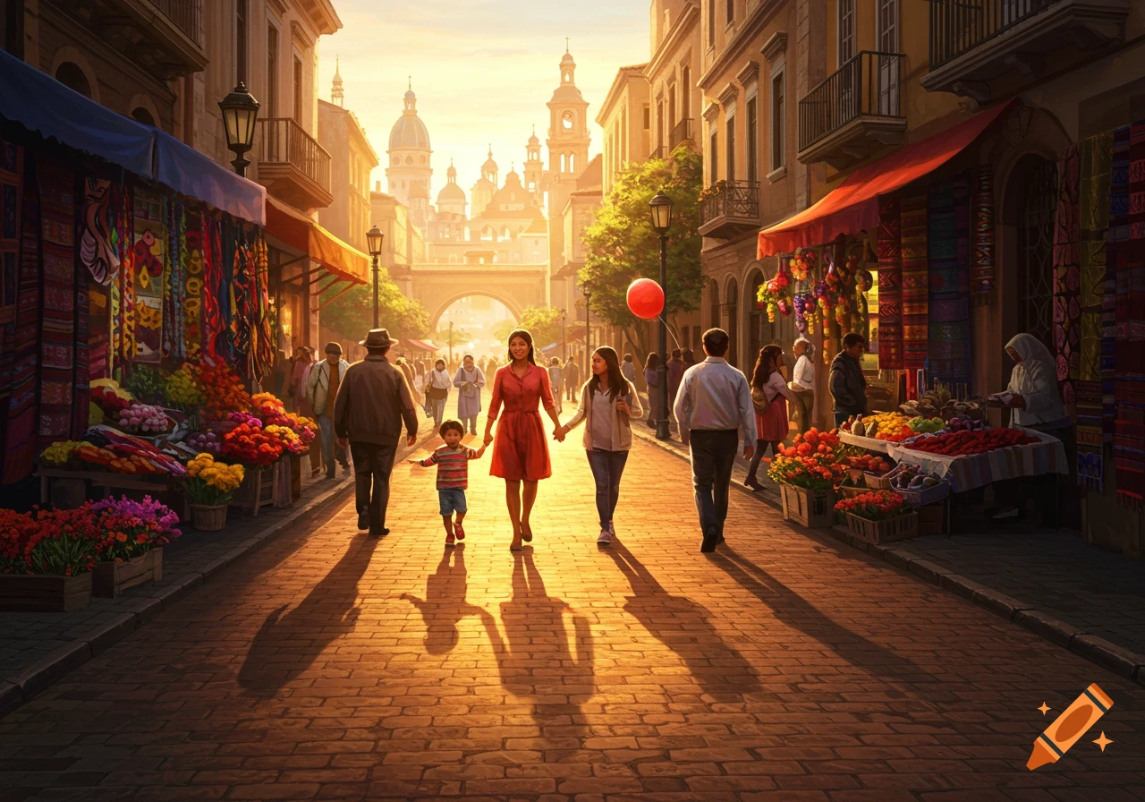 A family walks down a sunlit, cobblestone street lined with vibrant market stalls under the warm glow of sunset, with distant historic buildings.