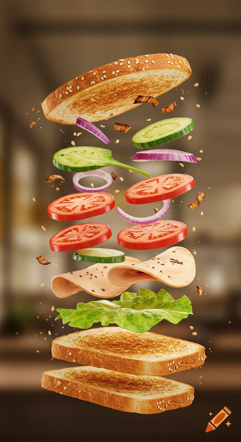 Photorealistic image of sandwich ingredients like toasted bread, lettuce, ham, tomatoes, cucumber, and onions floating, assembling a sandwich.