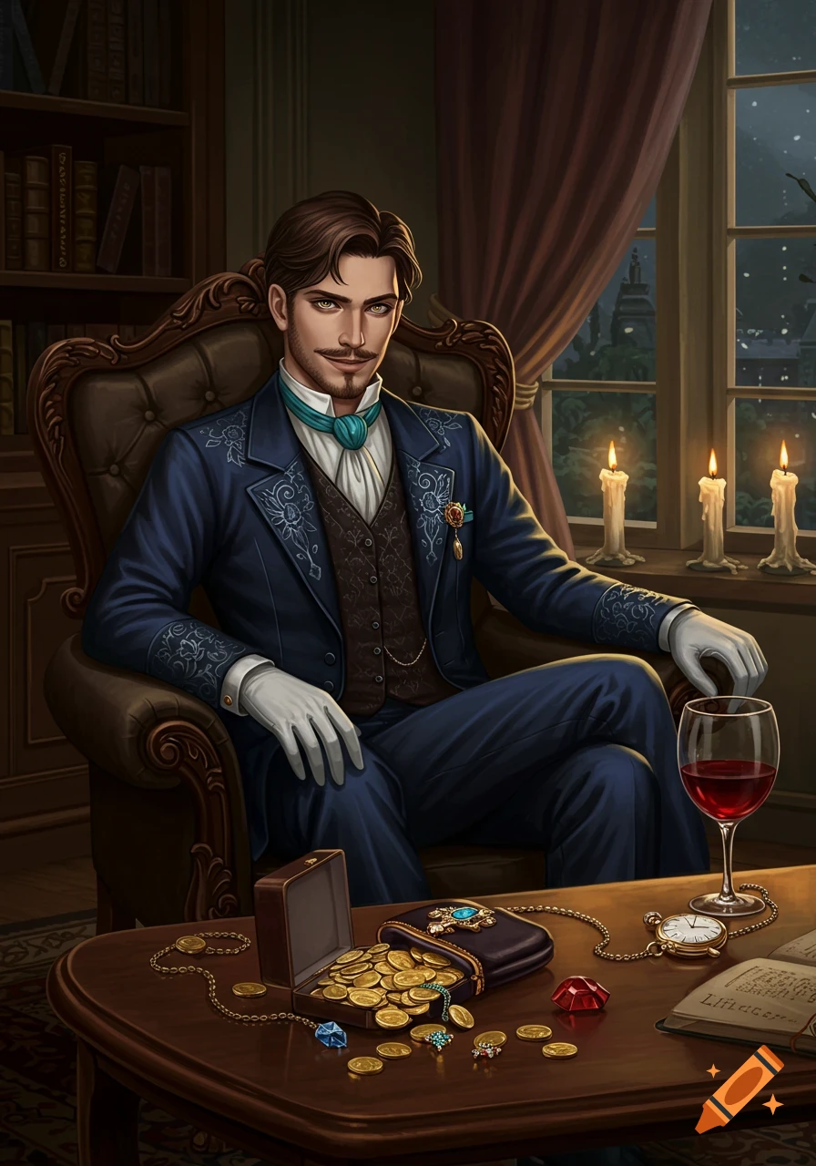 A sinister man in a blue Victorian suit sits in a velvet armchair, surrounded by gold coins, jewels, a pocket watch, and wine.