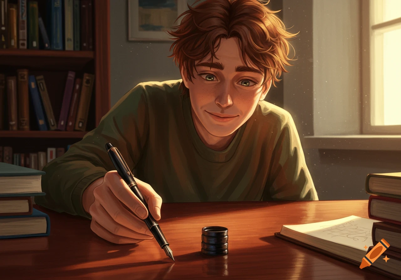 A smiling young man with messy brown hair holds a fountain pen over a desk filled with books, illuminated by sunlight from a window, in a digital art style.