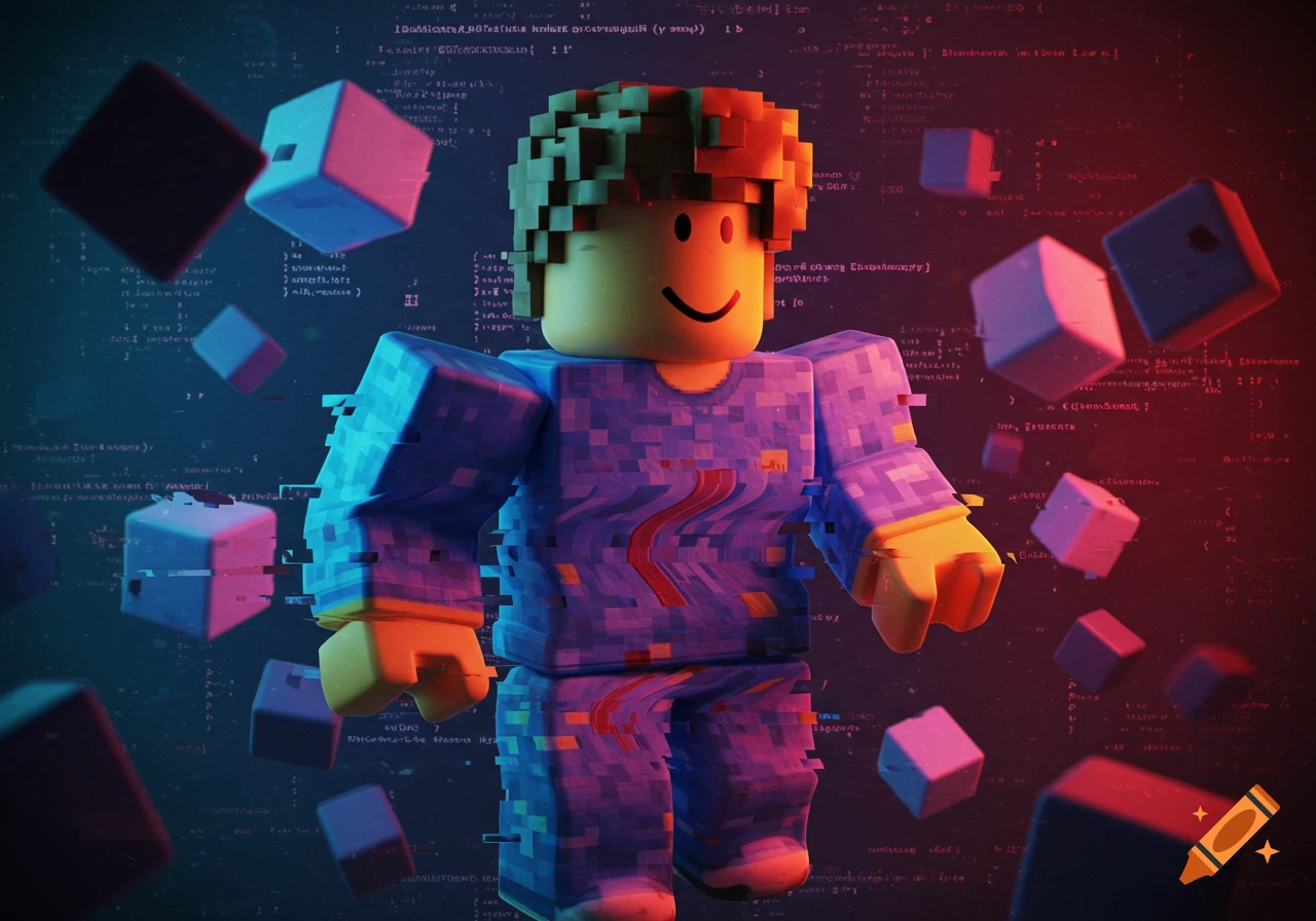 A glitching Roblox avatar floats amidst swirling code and cubes with neon lighting.