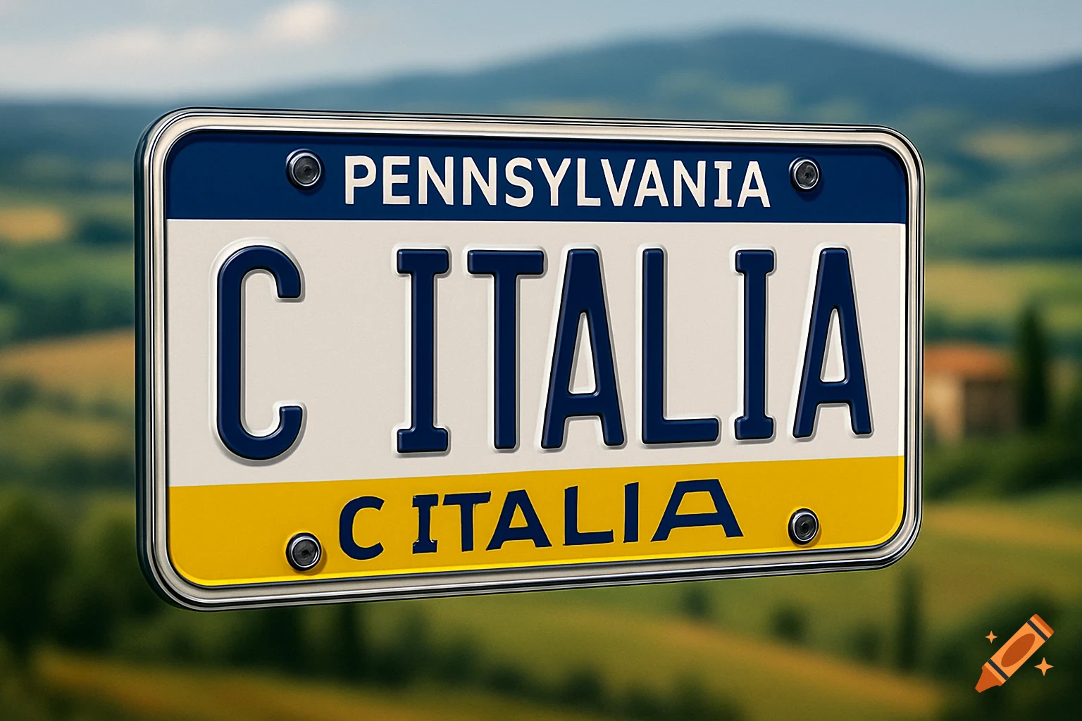 A close-up of a Pennsylvania license plate with "C ITALIA" embossed on it, against a blurred scenic background.