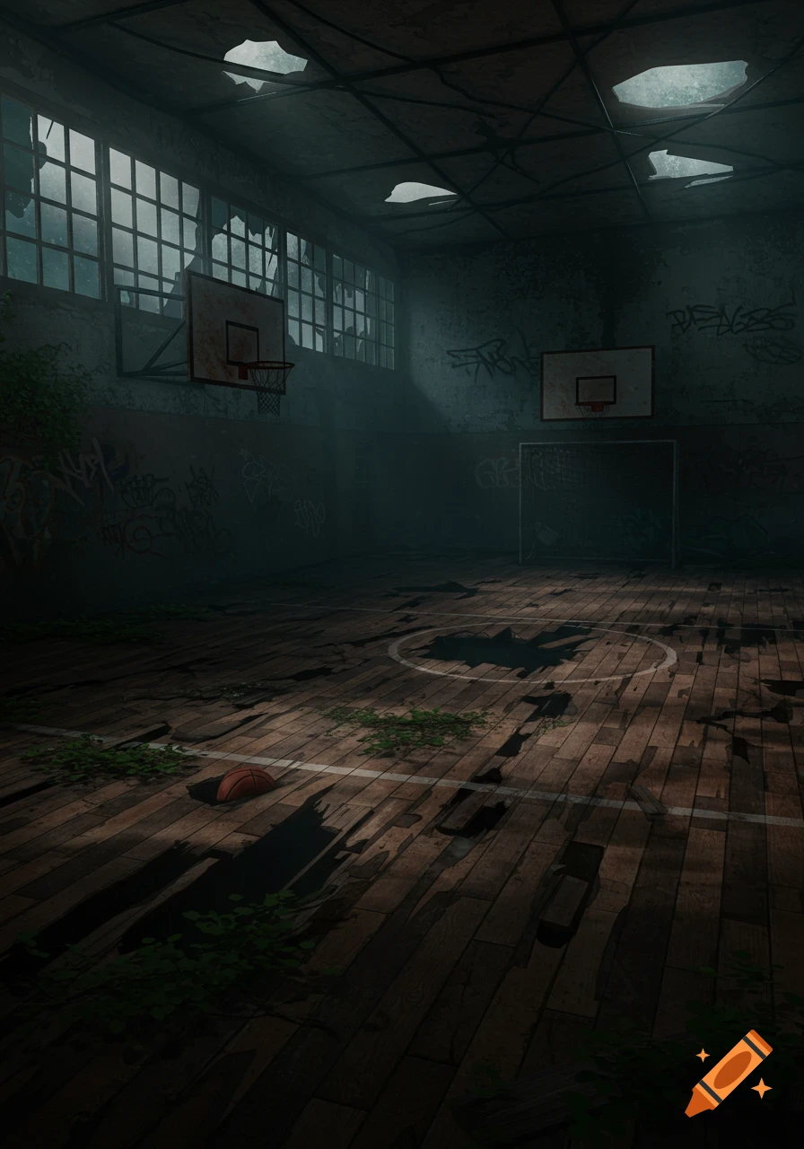 Dilapidated, dark basketball court with broken windows, graffiti, and a basketball on the worn wooden floor.