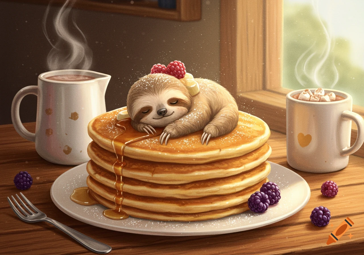 A cute illustration of a fluffy sloth sleeping on a stack of syrup-drenched pancakes with berries and hot drinks on a wooden table.