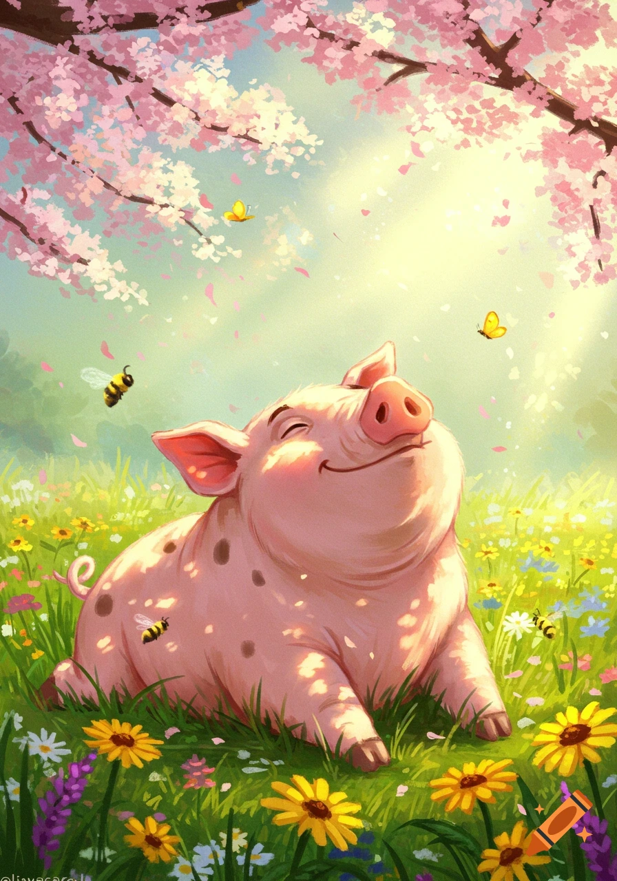 A happy, spotted pink pig smiles, lying in a sunny field of wildflowers under pink cherry blossoms, with bees and butterflies.