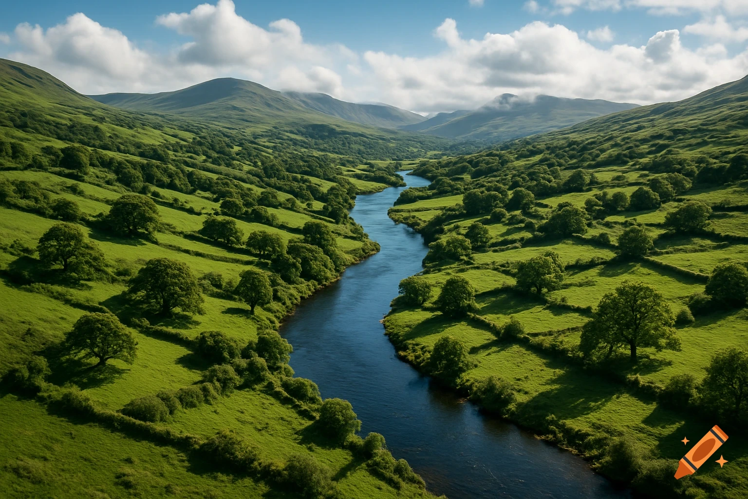 A winding blue river flows through a lush green valley with rolling hills and scattered trees under a partly cloudy blue sky.
