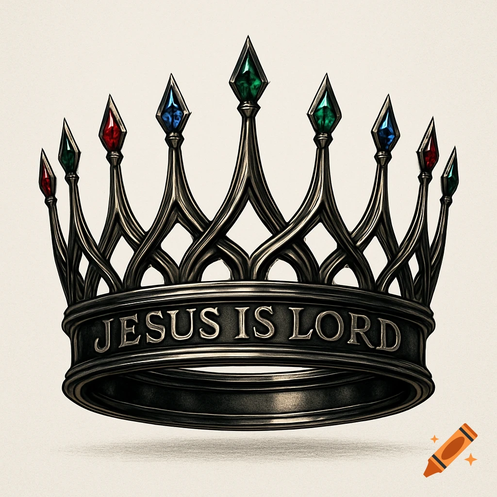 A dark metallic crown adorned with colorful jewels, featuring 'JESUS IS LORD' inscribed on its band.