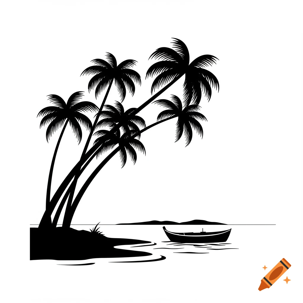 A black and white vector silhouette of a tropical island with palm trees and a boat in the water, against a white background.