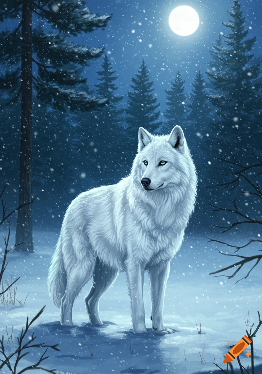 A majestic white wolf with bright blue eyes stands in a snowy forest ...