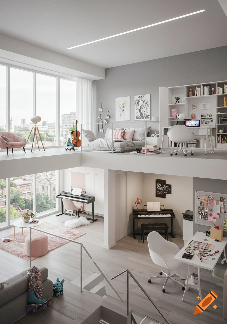 A modern multi-level loft with an open living area, dedicated zones for piano, study, and leisure, featuring cool tones and personalized details like roller skates.