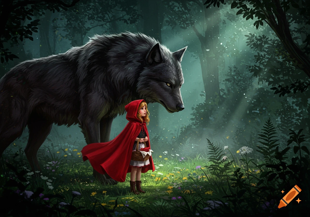 A digital painting of Little Red Riding Hood in a red cloak and basket, looking at a large gray wolf in a dark, magical forest.