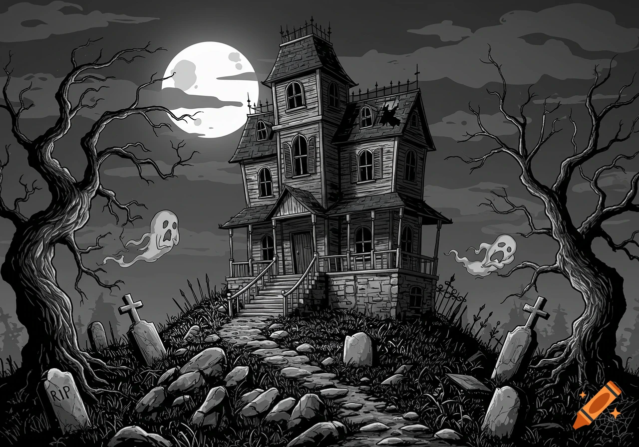 A black and white cartoon haunted house on a hill, with bare trees, gravestones, and floating ghosts under a full moon.