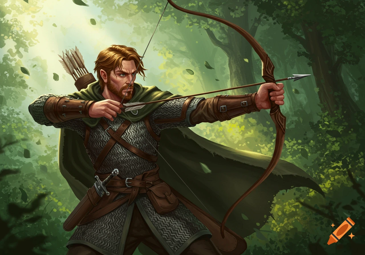 A male ranger with a beard and brown hair, wearing chainmail and a green cloak, draws his longbow in a lush forest.