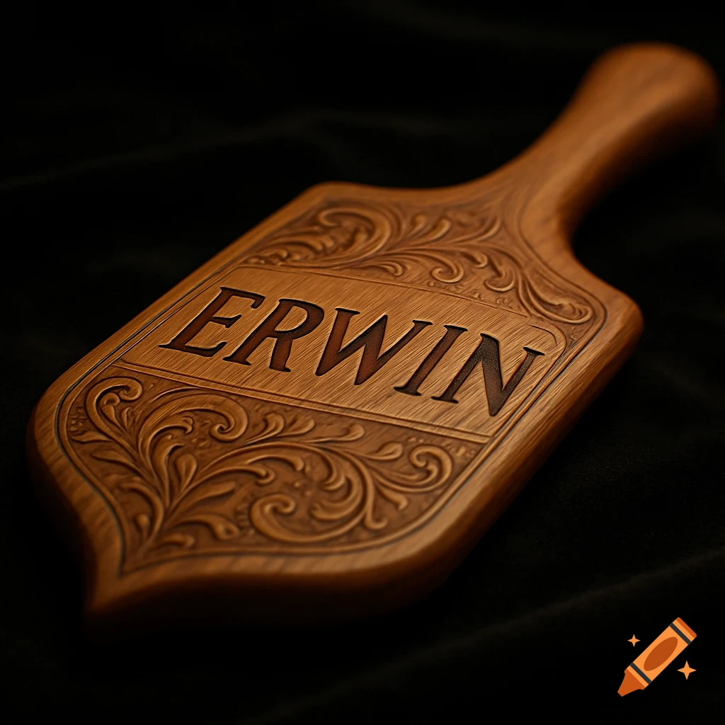 A close-up, angled shot of a beautifully carved wooden paddle with ornate scrollwork and the name "ERWIN" embossed in its center, resting on a dark surface.