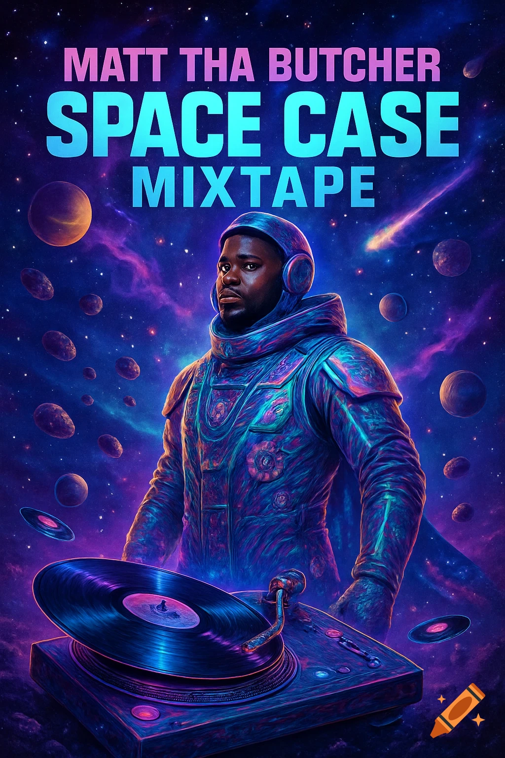 A man in a futuristic suit with headphones stands behind a turntable in a vibrant blue and purple space scene, with text for 'Matt Tha Butcher Space Case Mixtape'.