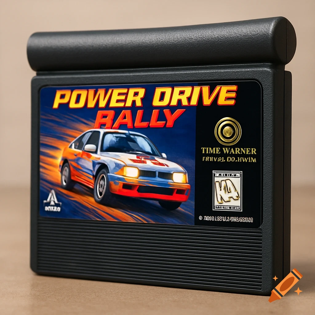 A close-up of a black Atari Jaguar cartridge with a colorful label for "Power Drive Rally," featuring a racing car in motion.