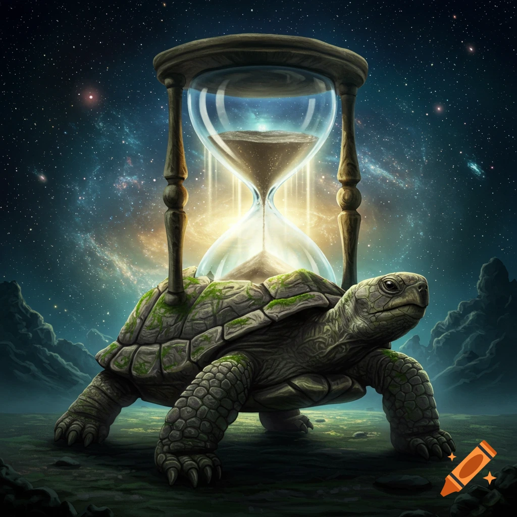 A giant mossy tortoise carries a glowing hourglass on its shell under a starry cosmic sky, with mystical mountains in the background.