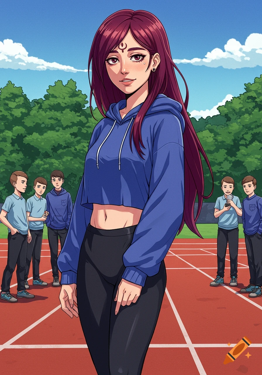 An anime girl with maroon hair in a blue cropped hoodie and black leggings stands on a running track, with boys in the background.