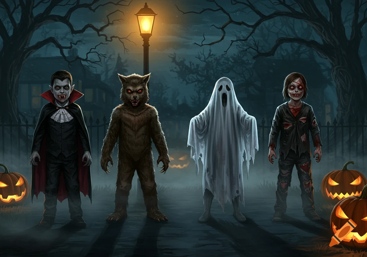 Four kids dressed as a vampire, werewolf, ghost, and zombie stand on a spooky street at night with jack-o'-lanterns, digital illustration.
