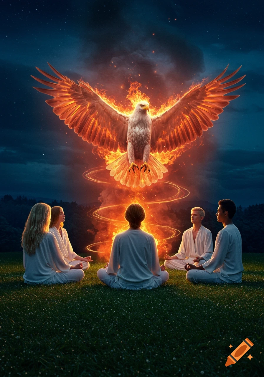 Five people meditate in a circle on grass at night as a majestic white eagle with fiery wings rises from central flames.