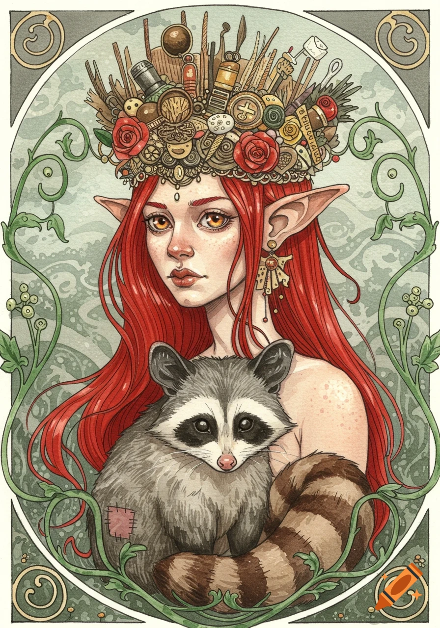 A watercolor Art Nouveau portrait of an elf-like woman with long red hair, wearing a detailed trash crown, holding a raccoon.