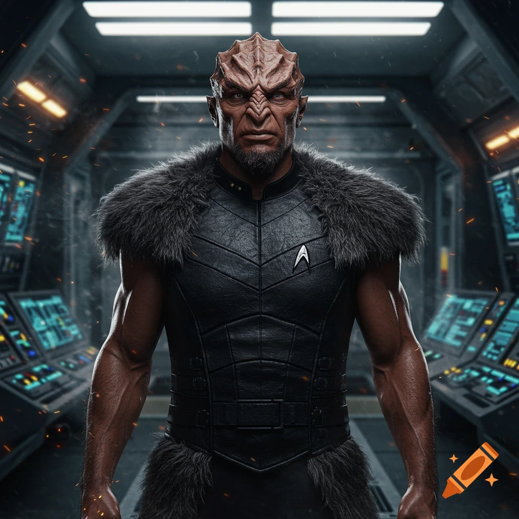 Photorealistic Klingon warrior in a black leather and fur vest stands on a spaceship bridge.