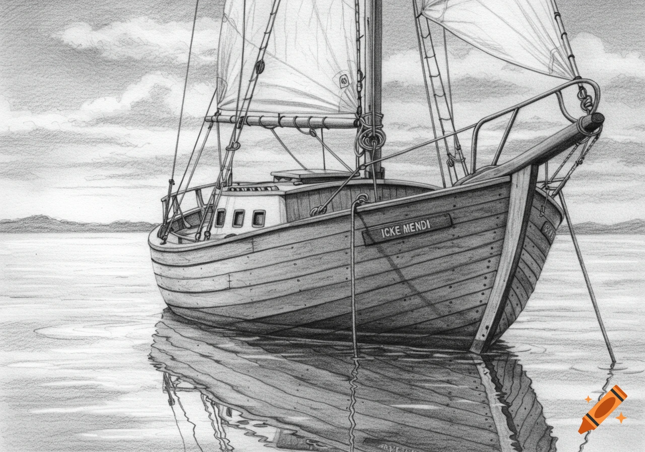 Detailed pencil drawing of a wooden sailboat named 'ICKE MENDI' floating on calm water, with its reflection below.