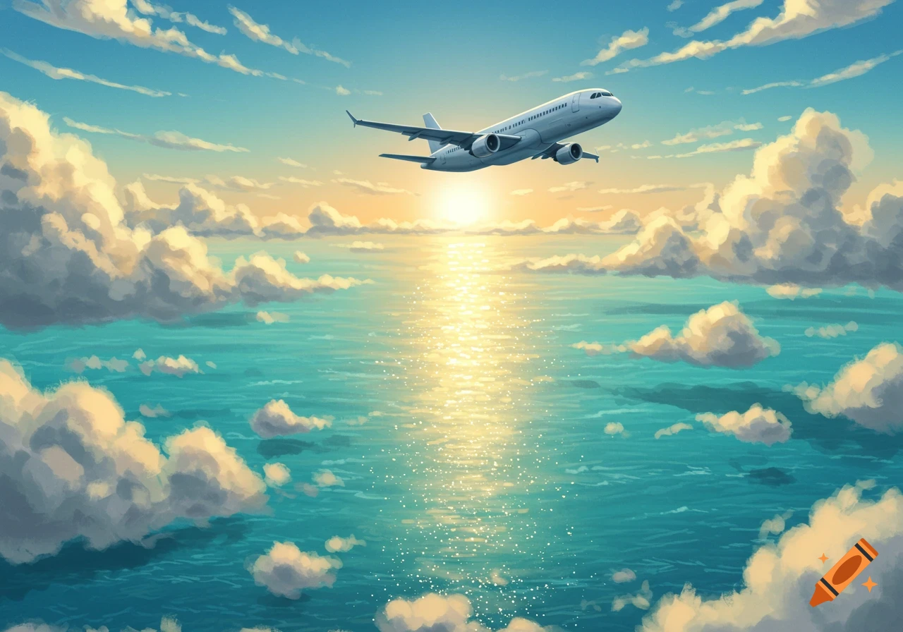 An anime illustration of a white airplane flying above a sparkling turquoise ocean under a bright, cloudy sunrise or sunset sky.