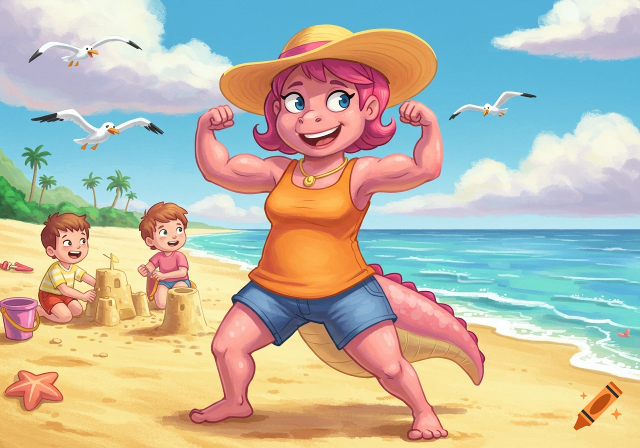 Cartoon woman with pink skin, pink hair, and a dinosaur tail flexing muscles on a beach with two boys building sandcastles.