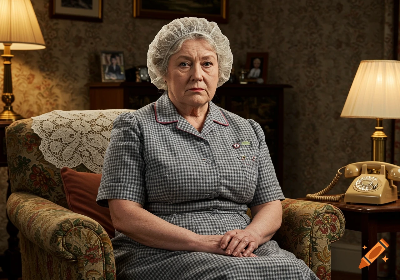 A stern older woman with a hairnet sits in a vintage armchair in a living room, a rotary phone on a nearby table.