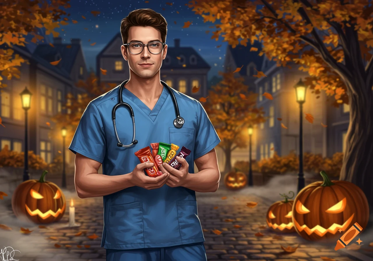 A digital art illustration of a male doctor in blue scrubs and glasses holding candy on a Halloween street with pumpkins and autumn leaves.