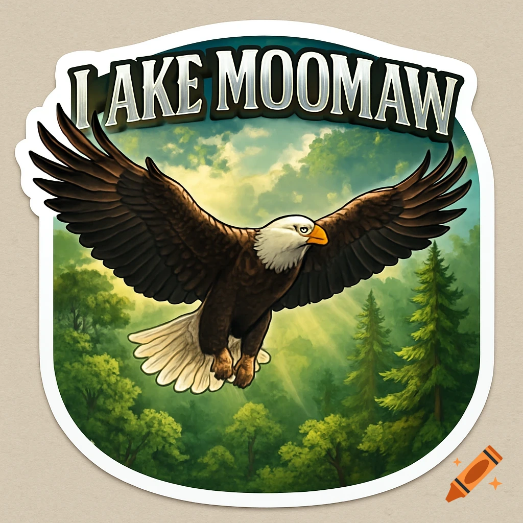 A sticker featuring a bald eagle flying over a green forest with the words 'LAKE MOOMAW'.