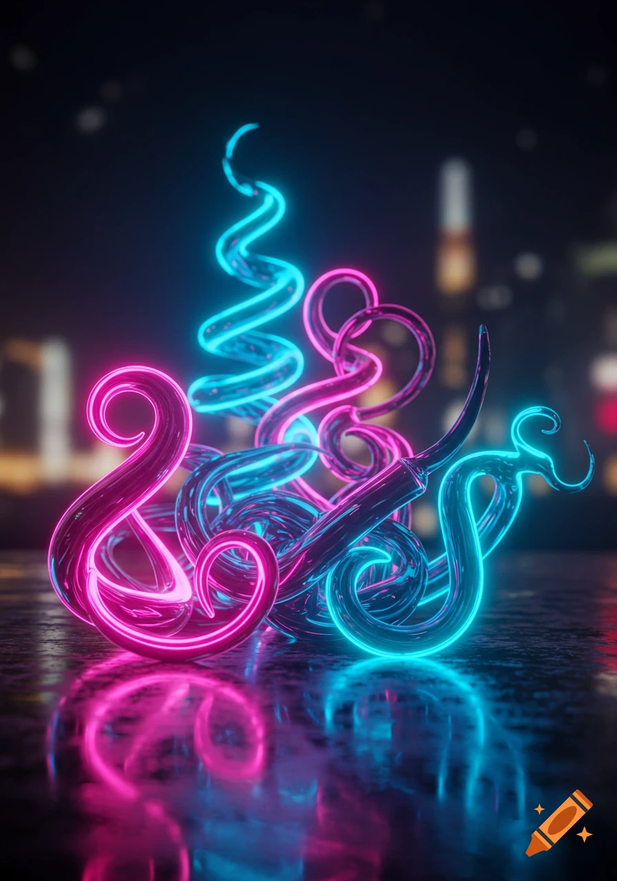 Intertwined glowing pink and blue neon tubes abstractly reflected on a wet surface with a blurry cityscape background.