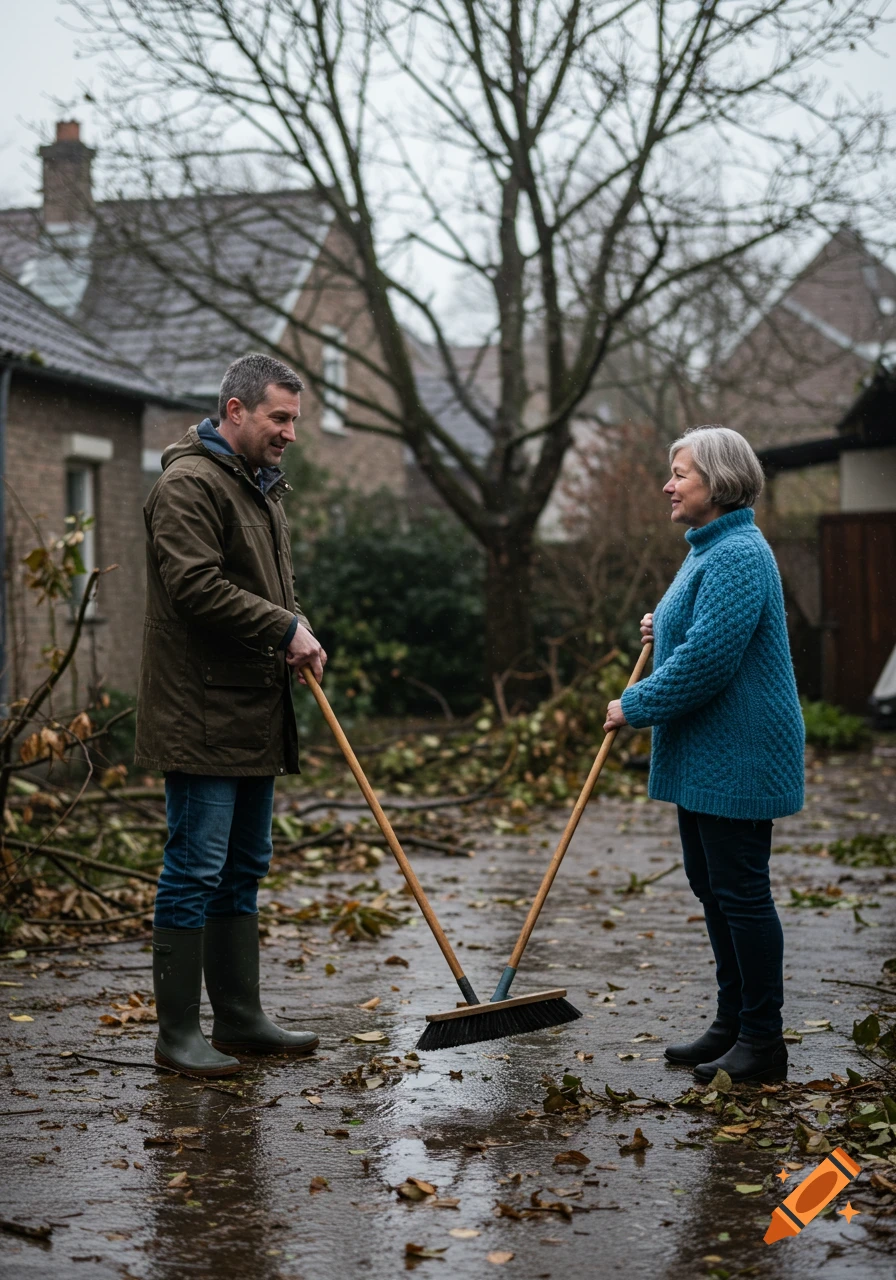 A man and a woman smile at each other while cleaning a debris-strewn yard after a storm.