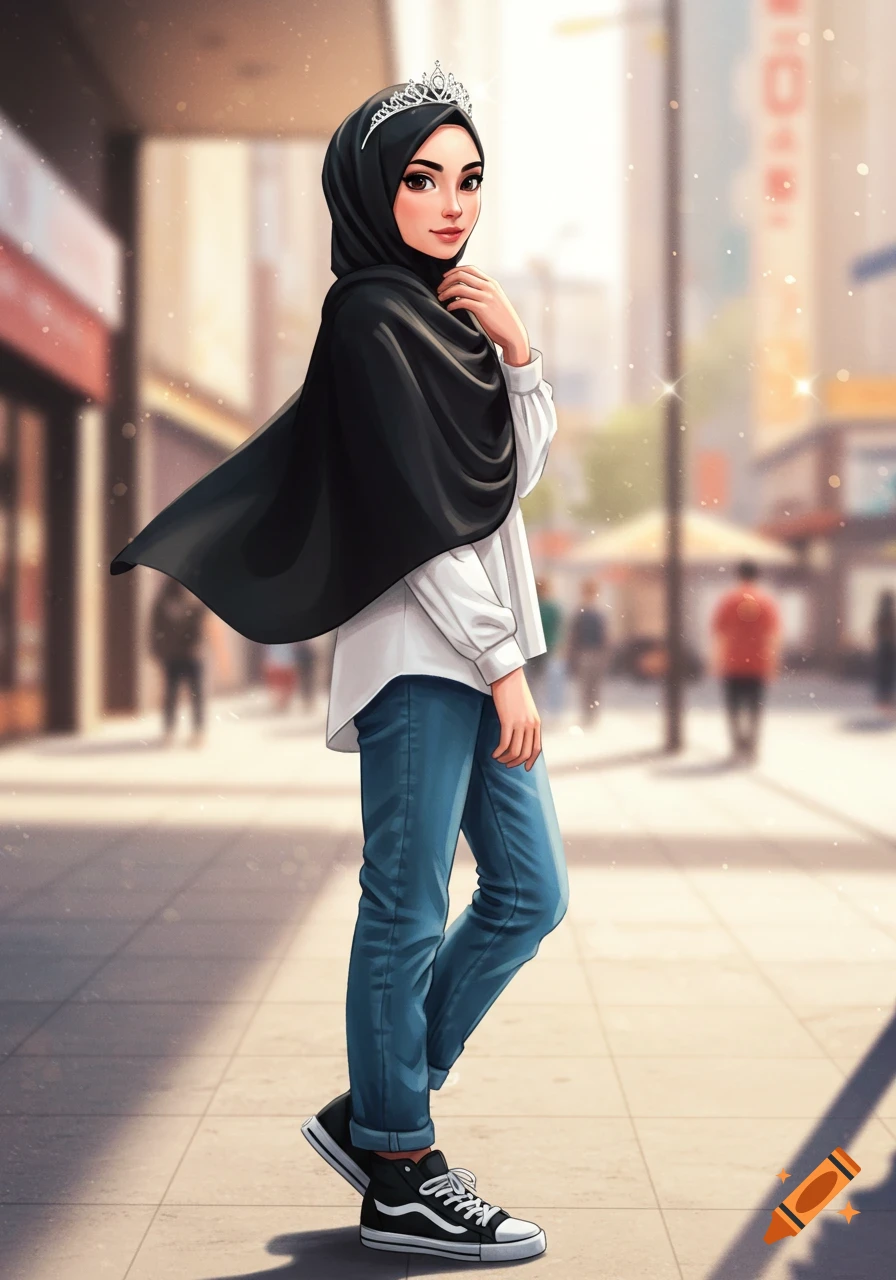 Cartoon woman in black hijab, silver tiara, white shirt, blue jeans, and sneakers walks on a city sidewalk.