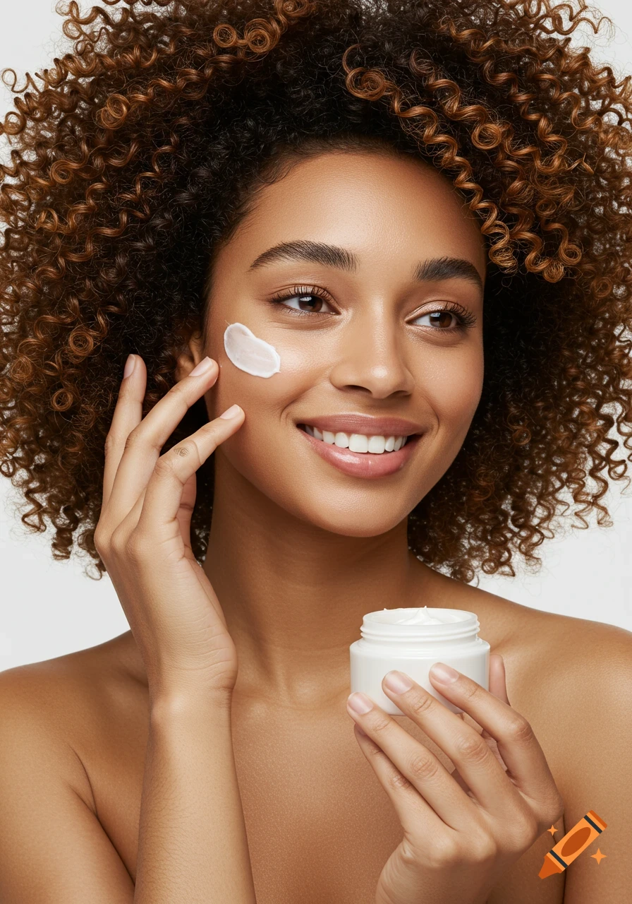 Close-up of a smiling young woman with curly hair applying facial cream, photorealistic.