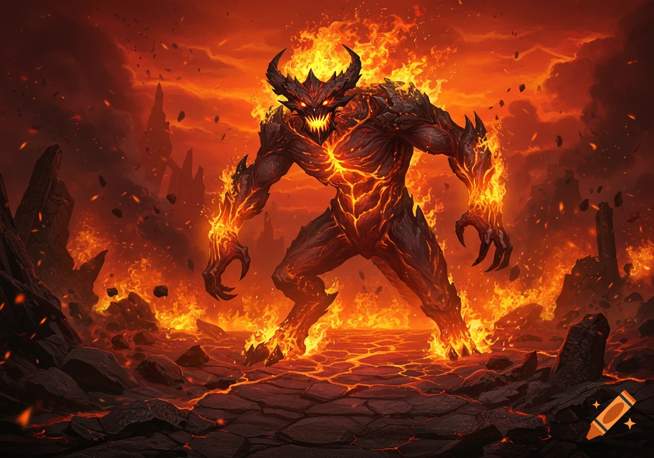 A powerful, horned fire monster with a menacing face and glowing cracks on its body stands in a hellish landscape of lava and flames.