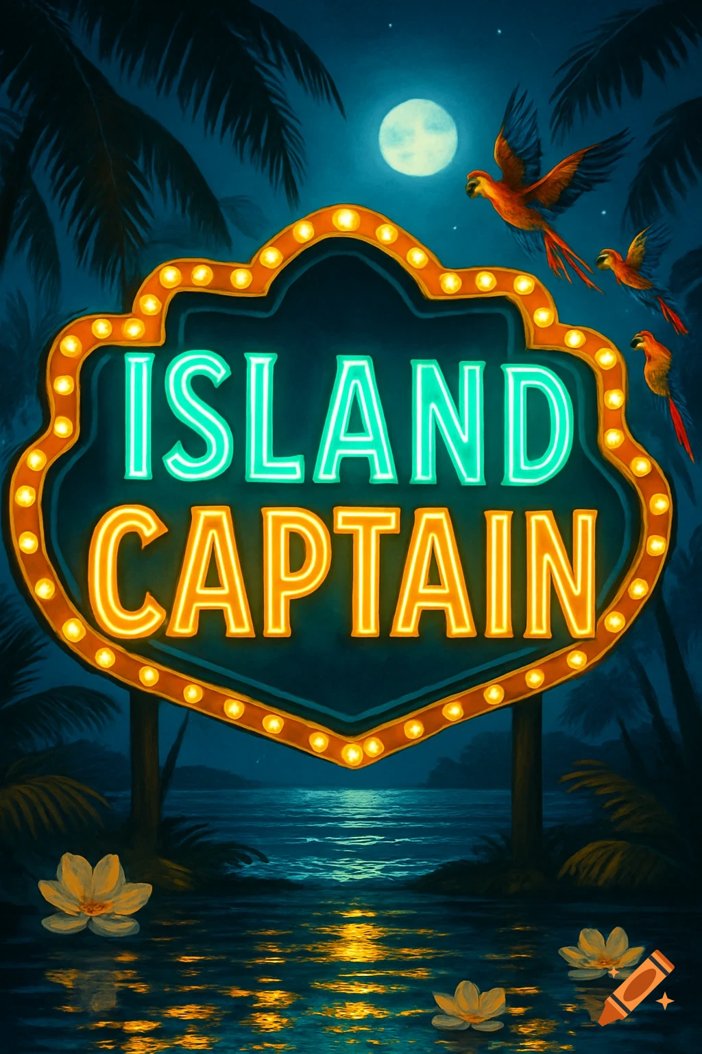 A vibrant neon sign for 'Island Captain' glows over tropical waters at night, with palm trees, a full moon, and parrots flying.