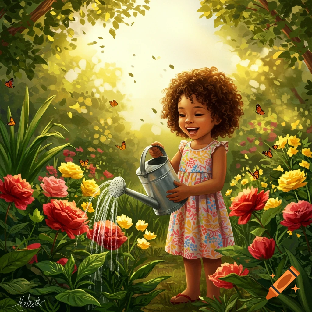 A smiling child with curly hair waters colorful flowers in a lush, sunny garden with butterflies in a vibrant illustration.